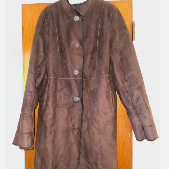 Calvin Klein faux suede with faux fur lining chocolate brown coat women’s size M - Picture 1 of 6